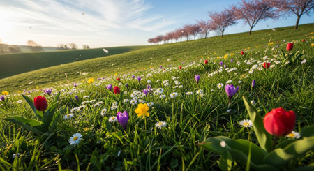 Vibrant spring meadow with flowers and flowering trees backdropの写真素材
