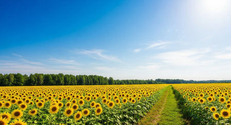 Sunflowers field under bright blue sky on sunny day