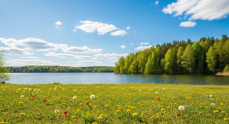 Scenic lakeside meadow with wildflowers and vibrant blue sky