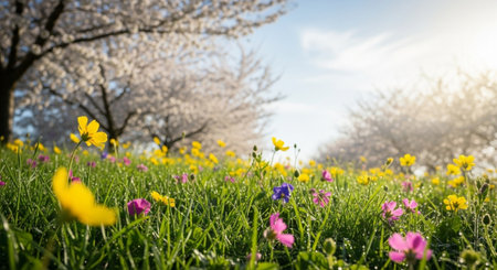 Blooming meadow with blossoms on a sunny dayの写真素材