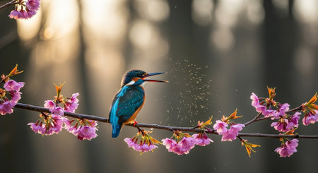 Kingfisher bird perched on cherry blossom branch spraying waterの写真素材