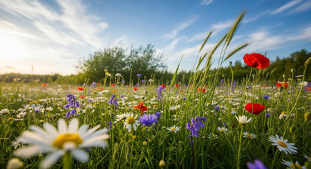 Idyllic meadow with colorful wildflowers under a serene skyの写真素材