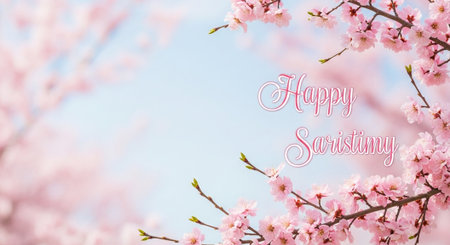 Blooming cherry blossoms frame a bright blue spring background