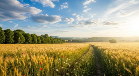 Golden wheat field with a path under a sunny skyの写真素材