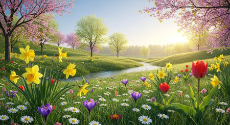 Lush spring meadow with vibrant flowers and a streamの写真素材