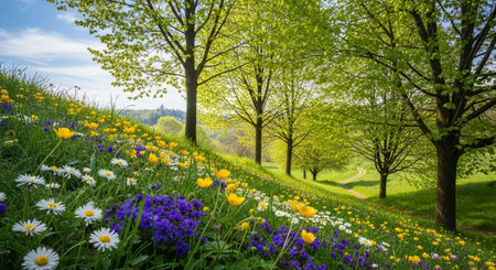 Spring meadow with wildflowers and trees in bright sunlight