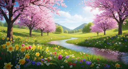 Serene meadow landscape with blossoming cherry trees and stream