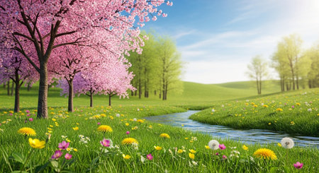 Serene landscape with blossoming cherry trees and flowing stream