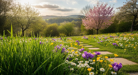 Blossoming spring meadow with a stone path and treesの写真素材
