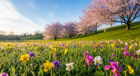 Spring meadow with flowers and cherry trees in bloomの写真素材
