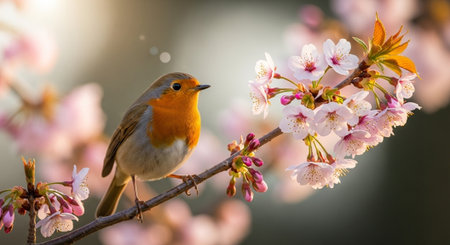 European robin perched among delicate cherry blossom branchesの写真素材