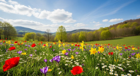 Vibrant spring meadow with colorful flowers and a blue sky