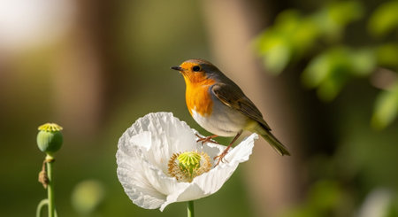 European Robin resting on a white poppy blossom outdoors