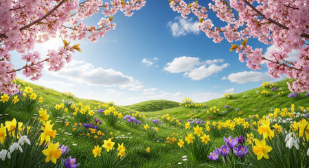 Spring meadow with blooming cherry trees under blue sky