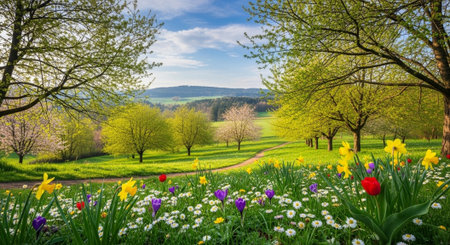 Scenic meadow with colorful wildflowers and trees in springtimeの写真素材
