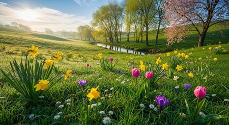Spring meadow with daffodils and flowering trees by streamの写真素材