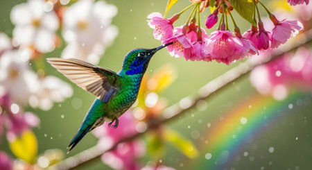 Hummingbird feeding on pink blossoms with rainbow backgroundの写真素材