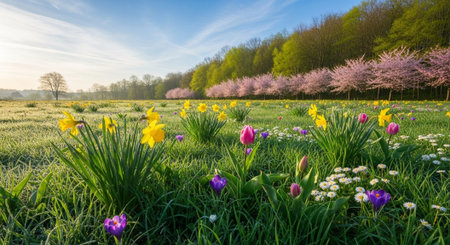 Scenic spring meadow filled with diverse wildflowers and trees