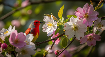 Red bird perched among blossoming cherry tree flowersの写真素材