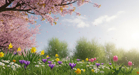 Spring meadow with cherry blossoms and colorful wildflowersの写真素材