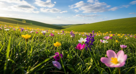 Picturesque wildflower meadow under a bright sunny skyの写真素材