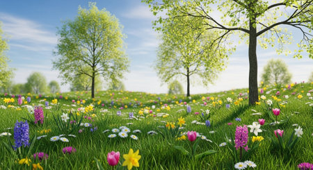 Spring Meadow Landscape with Flowers and Trees on Hill
