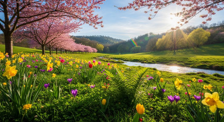 Lush spring meadow with vibrant flowers and cherry treesの写真素材