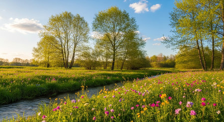 Scenic meadow with wildflowers and stream in springtime landscapeの写真素材