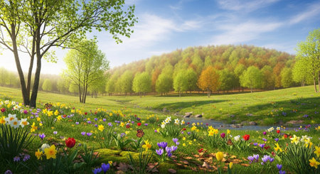 Scenic spring meadow with wildflowers and small stream flowingの写真素材