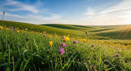 Rolling green hills with wildflowers under a sunny blue skyの写真素材
