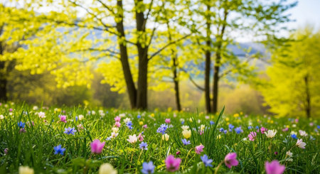 Spring meadow filled with colorful wildflowers in full bloomの写真素材