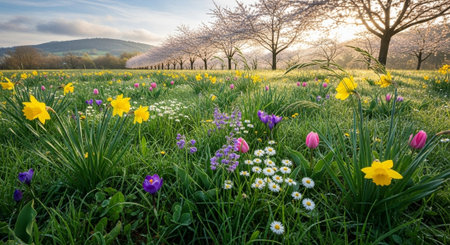 Spring meadow with daffodils tulips and flowering cherry treesの写真素材