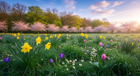 Spring meadow with blooming daffodils and cherry blossom treesの写真素材