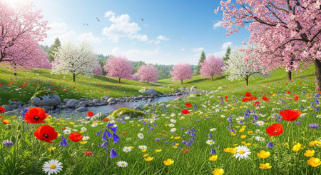 Idyllic spring landscape with flowering trees and wildflowersの写真素材