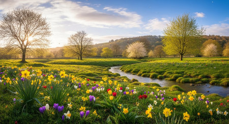 Idyllic spring landscape with wildflowers and a flowing streamの写真素材