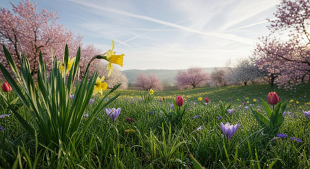 Idyllic spring meadow with flowering trees and wildflowersの写真素材