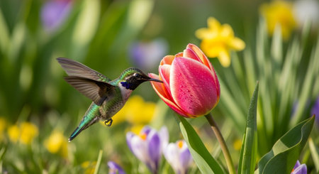 Hummingbird feeding on nectar from tulip flower in gardenの写真素材