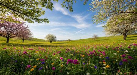 Idyllic spring meadow with flowering trees and blue skyの写真素材
