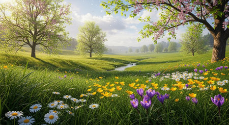 Spring meadow landscape with blossoming trees and wildflowers