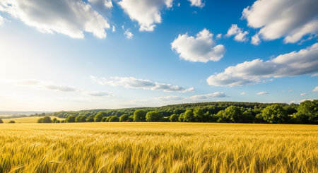 Golden wheat field under blue sky with fluffy cloudsの写真素材