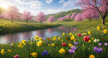 Tranquil springtime landscape with cherry blossoms and river view