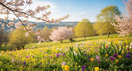 Picturesque spring meadow filled with colorful flowers and treesの写真素材