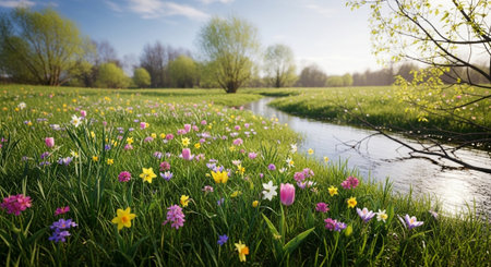 Scenic river flows through a meadow filled with wildflowersの写真素材