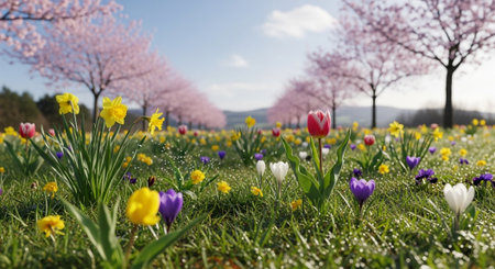 Blooming springtime meadow with colorful flowers and cherry treesの写真素材