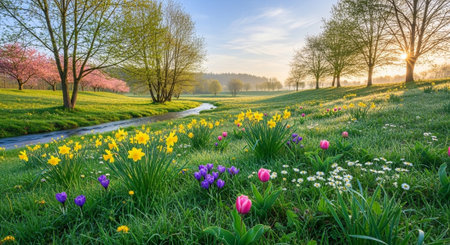 Idyllic Spring Meadow with Flowers and Flowing Streamの写真素材