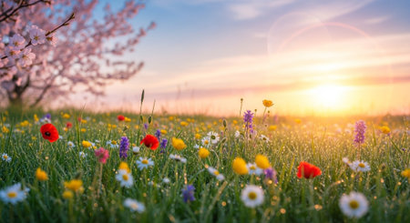 Sunrise over a meadow filled with wildflowers and cherry blossomの写真素材