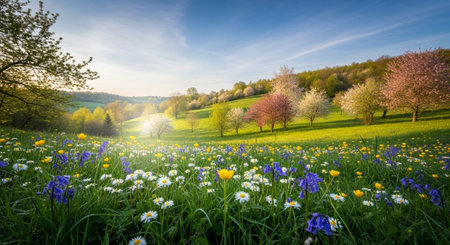 Scenic meadow with wildflowers and blossoming trees in springの写真素材