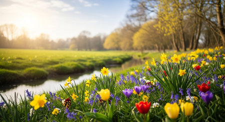 Vibrant spring wildflowers blooming near a tranquil stream landscapeの写真素材