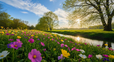 Idyllic springtime meadow landscape with flowers and small riverの写真素材