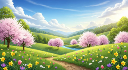 Spring landscape with flowering trees and wildflowers in meadowの写真素材